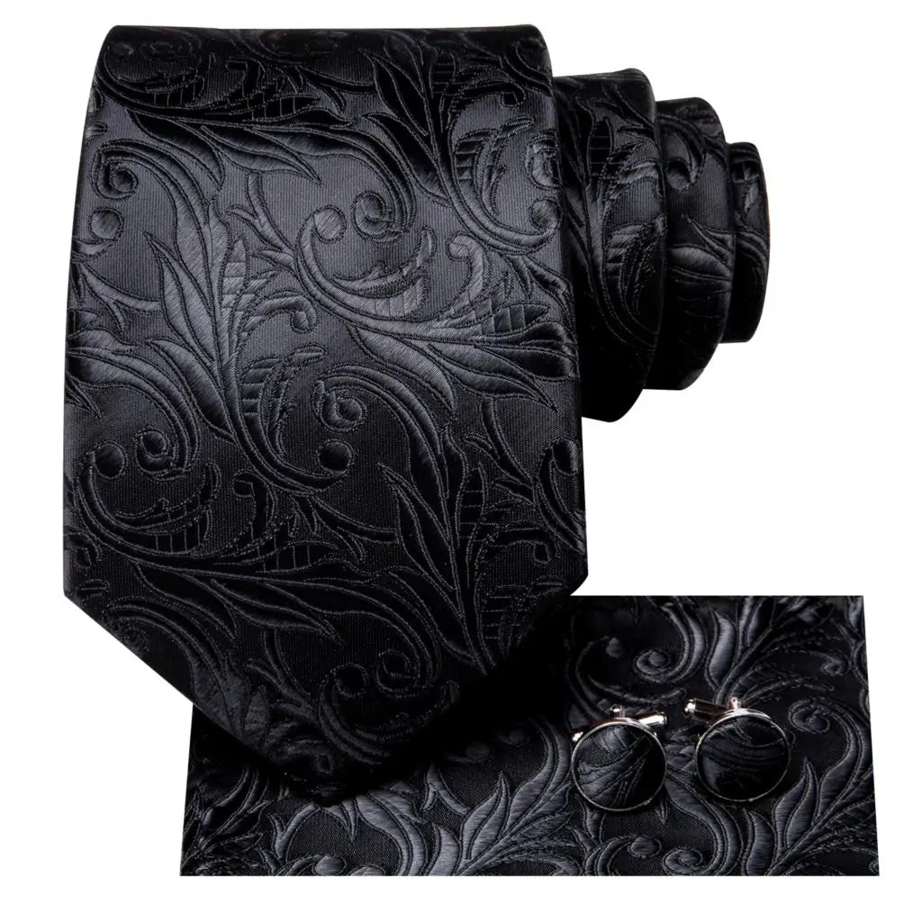 Hi-Tie Black Floral Silk Wedding Tie For Men Handky Cufflink Gift Necktie For Men Fashion Design Business Party Dropshiping