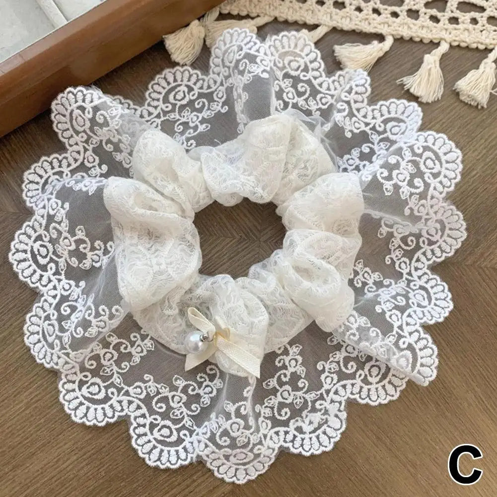 French Lace Pearl Rose Flower Elastics Hair Band For Women Cream White Scrunchies Hair Ties Ponytail Holder Hair Accessories