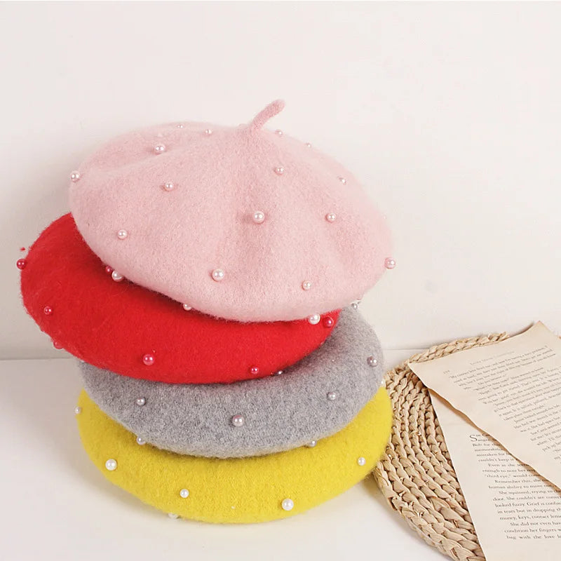 Wool Kids Winter Hat for Girls Retro Baby Beret Hats with Pearls Autumn Winter Kids Cap for Children Accessories 2-6Y
