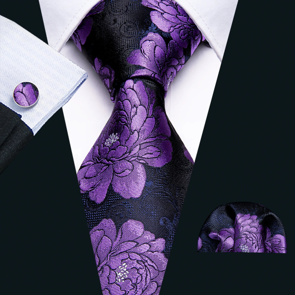 Barry.Wang Purple Lilac Lavender Silk Mens Tie Handkerchief Cufflink Set Jacquard Floral Necktie for Male Wedding Business Party