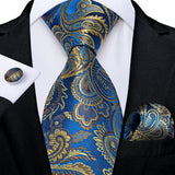 Elegant Blue Floral Paisley Men's 8cm Silk Tie Set with Pocket Square Cufflinks Business Suits Accessories Groom Wedding Cravat