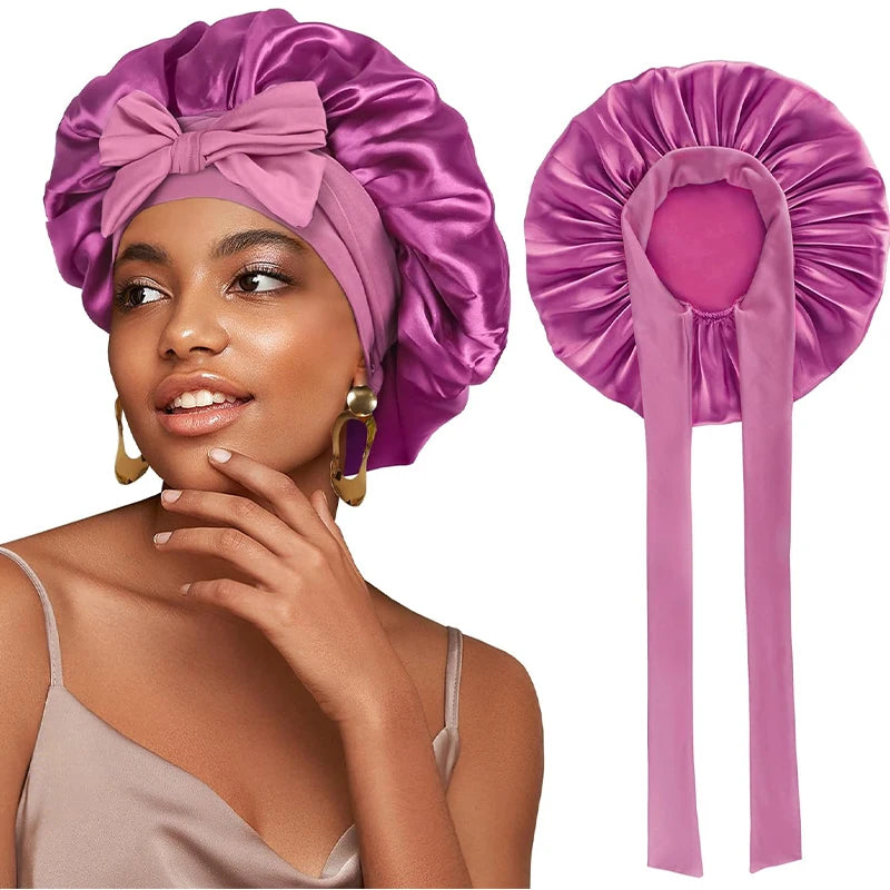 New Women Satin Bonnet Silky Sleep Cap Curly Hair Wrap For Sleeping Cap Adjustable Bonnets With Tie Band Nightcap Hair Care Cap