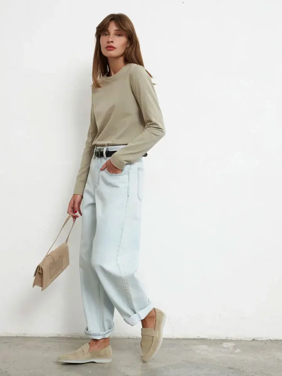 Bornladies Women's Spring Autumn 100% Cotton T-shirt Bottoming Basic Solid Lady Long Sleeve Loose Tops Shirts Oversized T Shirt