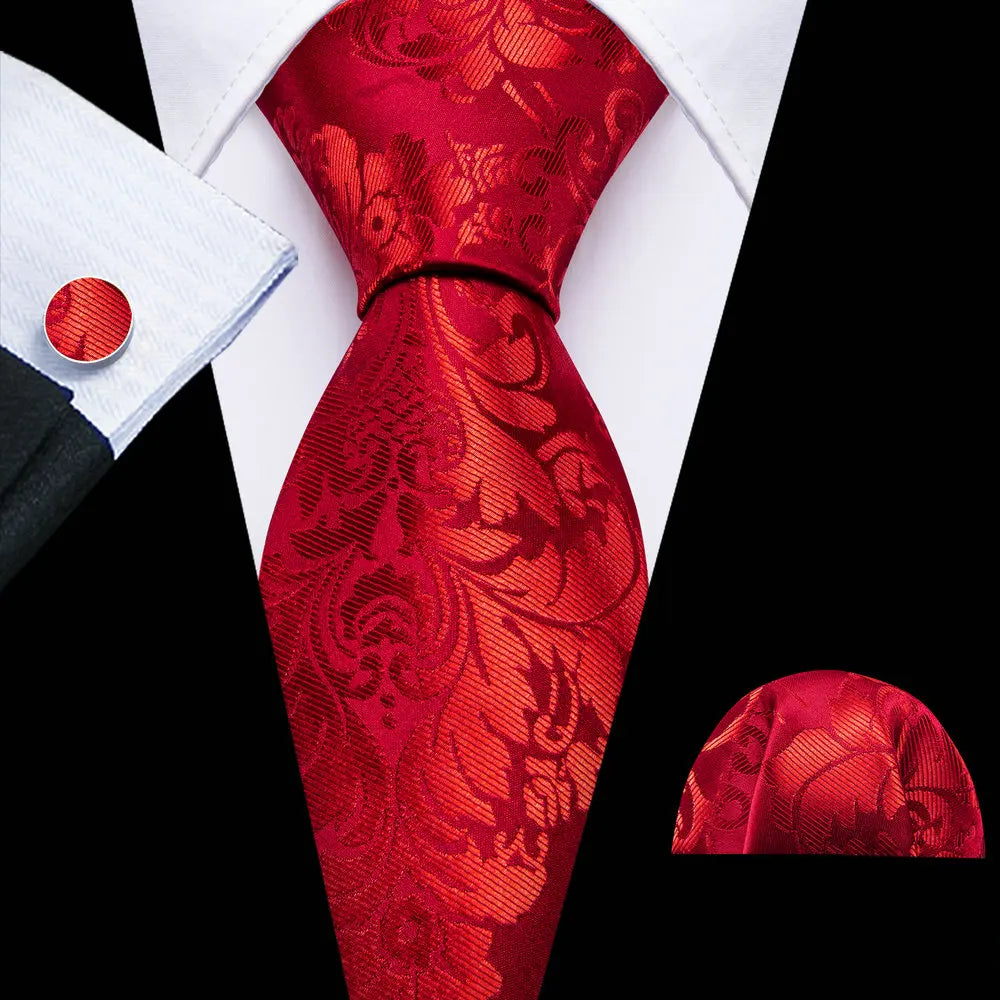 Red Silk Wedding Necktie Jacquard Woven Striped Ties For Men Tie Handkerchief Cufflink Set Barry.Wang Fashion Designer FA-5028