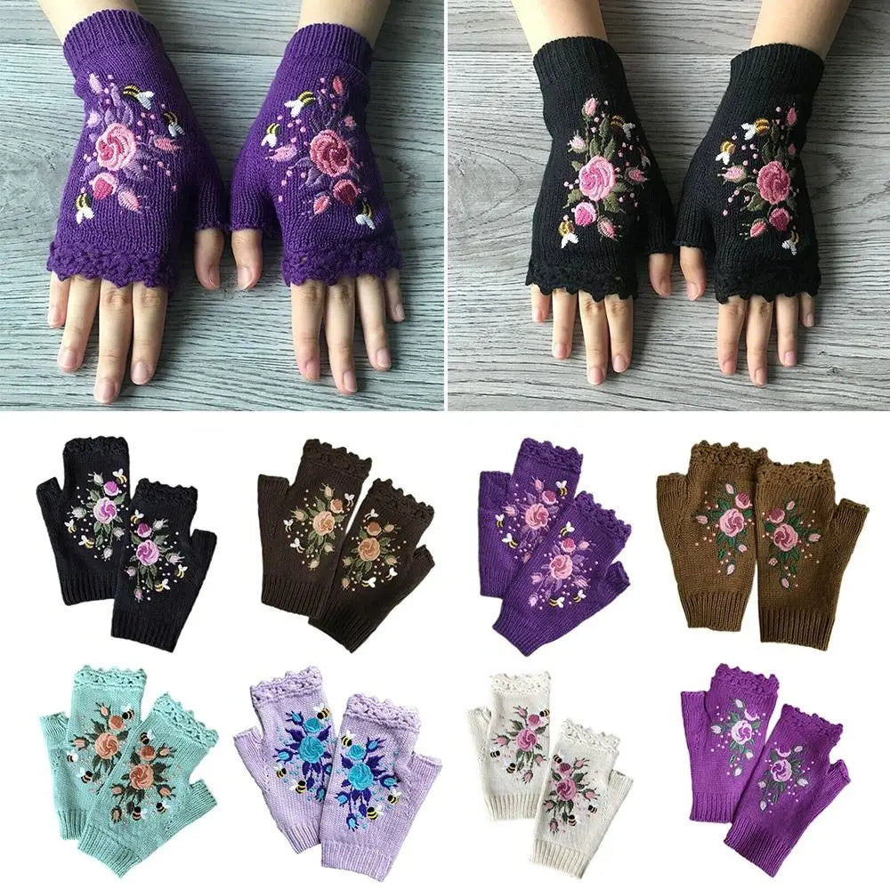 Floral Bee Embroidery Knitted Fingerless Gloves Comfortable Keep Warm Thumb Holes Flower Mittens Wrist Length Mittens Winter