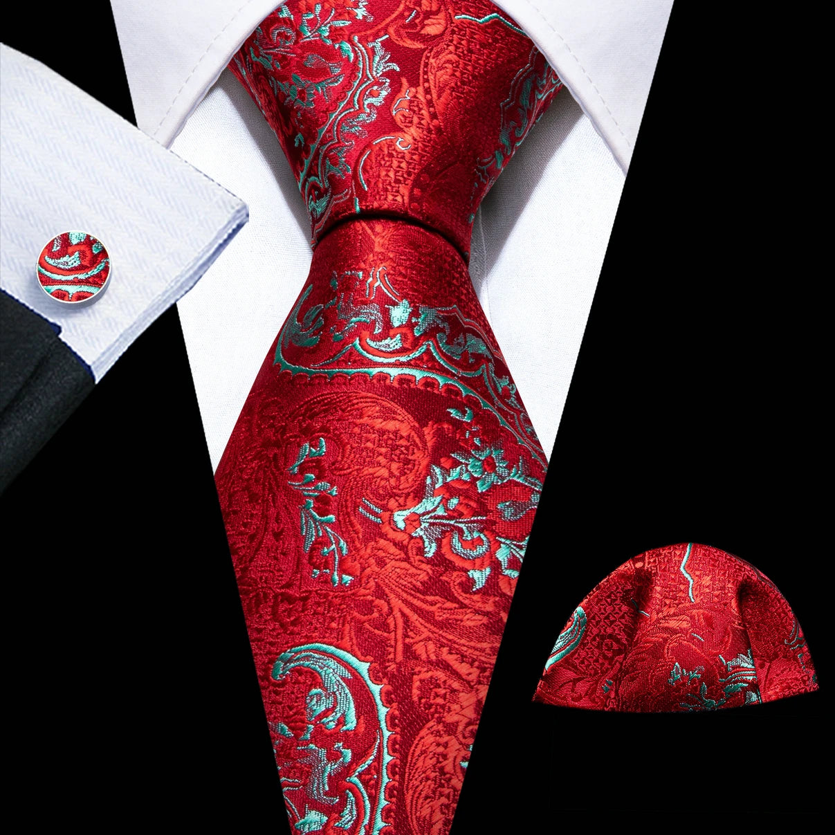 Red Silk Wedding Necktie Jacquard Woven Striped Ties For Men Tie Handkerchief Cufflink Set Barry.Wang Fashion Designer FA-5028