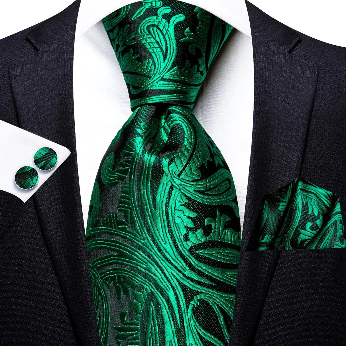 Hi-Tie Dark Green Floral Paisley Silk Wedding Tie For Men Handky Cufflink Gift Men Elegant Necktie Fashion Business Party