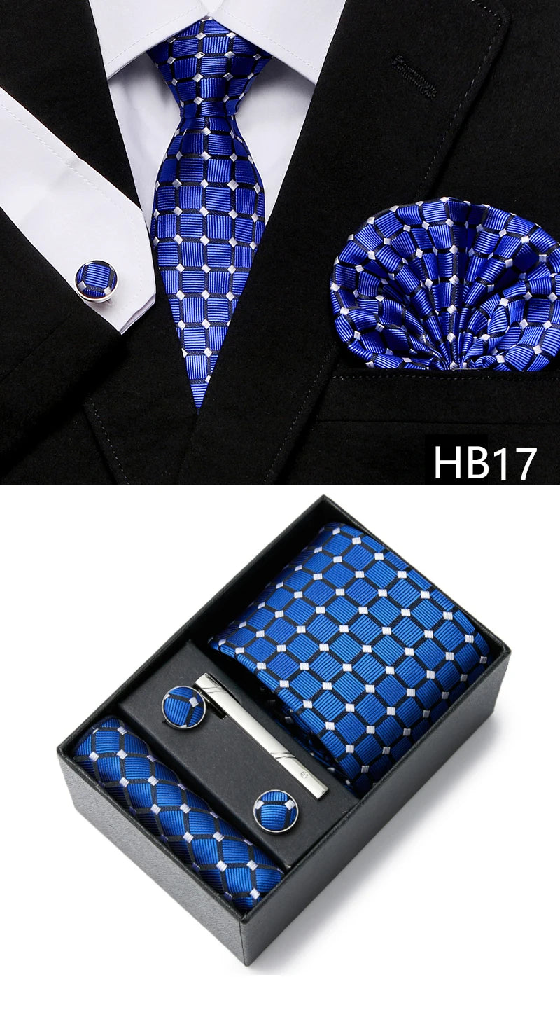 Gravatas For Men Newest design Silk Tie Handkerchief Cufflink Set Necktie Box Striped Blue Office