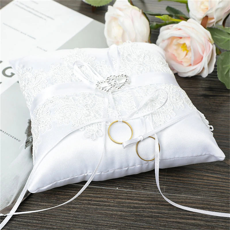 Double Bow Ribbon Pearls Romantic Ring Pillow Bridal Wedding Ceremony Pocket Ring Pillow Cushion Bearer with Ribbons Decoration