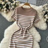 Summer Striped Beach Knitted Dress O Neck Short Sleeves Chic Hotsweet Slim Sundress Streetwear Y2K Bodycon Midi Dress