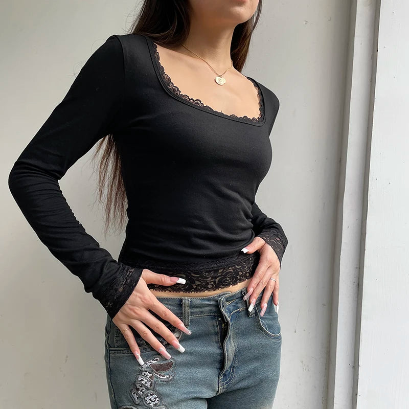 Sexy Black T-shirt Women Autumn New Lace Tees Fashion Streetwear O-Neck Casual Slim Long Sleeves T-shirt Female Versatile Top