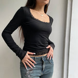 Sexy Black T-shirt Women Autumn New Lace Tees Fashion Streetwear O-Neck Casual Slim Long Sleeves T-shirt Female Versatile Top