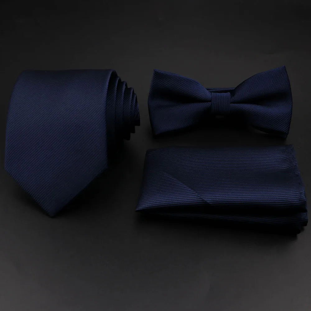 Hot Sale Red Blue Tie Set Polyester Slim Striped Necktie Bowtie Cufflink Brooch For Groom Suit Wedding Cravat Shirt Accessory