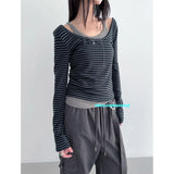 KUSAHIKI Sexy Retro Stripes Korean Versatile Slim Fit Long Sleeved Round Neck Base Shirt Short Spicy Girl Y2k Top 2024 New