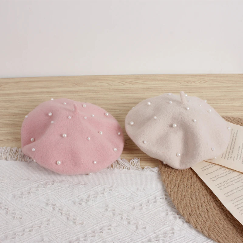 Wool Kids Winter Hat for Girls Retro Baby Beret Hats with Pearls Autumn Winter Kids Cap for Children Accessories 2-6Y