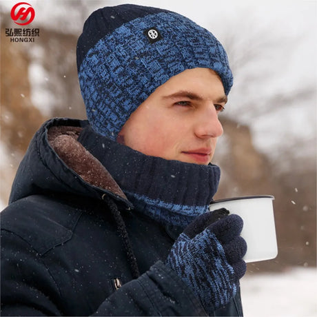 Knitted Cap Scarf three-piece Hat Autumn Winter Outdoor Ride Windproof Cold Warm three-piece Gradient Clash Of Colours Set