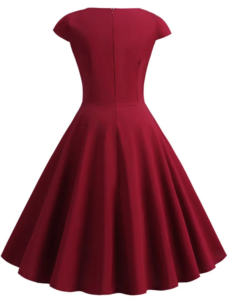 Robe d'été rose pour femme, col en V, style vintage, élégante, rétro, pin-up, soirée, bureau, mi-longue
