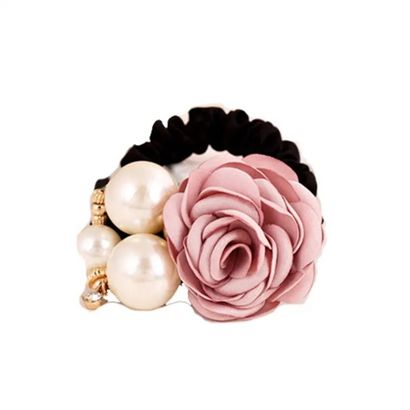 Pearl Rose Flower Hair Elastics Bands Hair Ties Stretchy Rubber Hairbands Floral Headbands Scrunchies Ponytail Holder