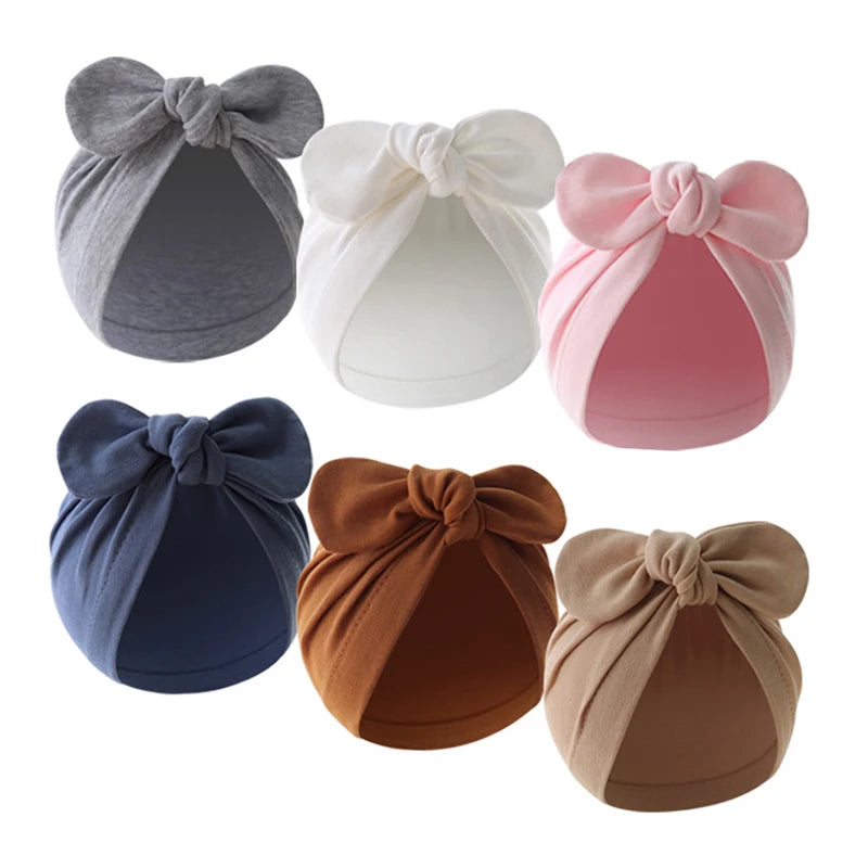 Cute Bunny Ears Baby Turban Hat Solid Color Infant Beanie Cap for Girls Boys Soft Cotton Indian Cap Toddler Bonnet Headwrap
