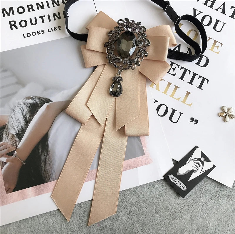 Rhinestone Bow Tie Women's Graduation Photo Student School Uniform Tie Ribbon Sweet Literary and Art Plaid Bowtie Collar Flower