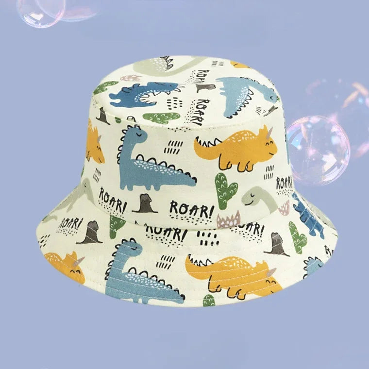 Cute Cartoon Printing Bucket Baby Hat Cotton Breathable Kids Fisherman Hat Infant Toddle Sun Hat with Drawstring for 1-5 Years
