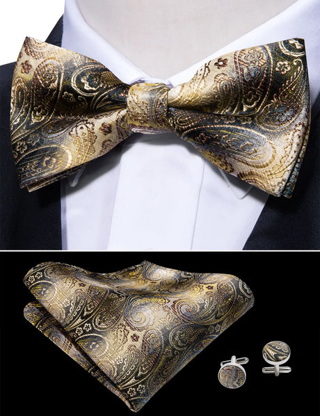 Barry.Wang Silk Mens Bow Tie White Green Pink Purple Jacquard Paisley Floral Pre-Tied Bowtie Hanky Cuffs Set Wedding Business