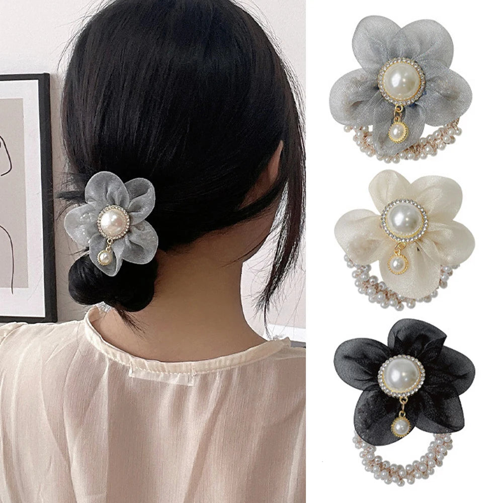 Flower Rhinestone Pearl Hair Elastics Ties Korean Version Headband Ponytail Hair Holder Hair Accessories for Girl and Women
