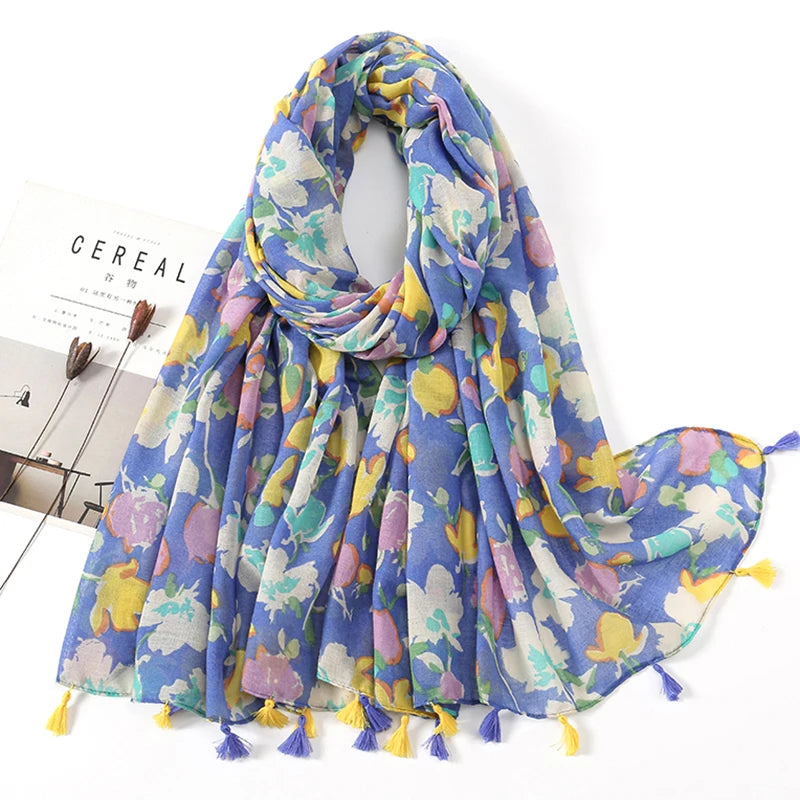 New Floral Tassel Viscose Shawl Scarf For Women Print Hijab Lady High Quality Wrap Pashmina Stole Bufandas Muslim Hijab Foulard