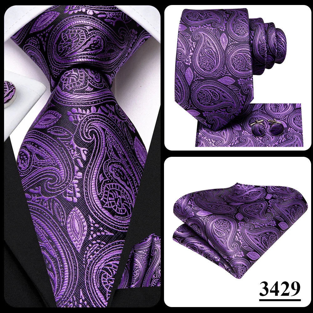 Hi-Tie Purple Solid Paisley Silk Wedding Tie for Men Novelty Design Handky cufflink Gift Men Tie Set Party Business Dropshipping