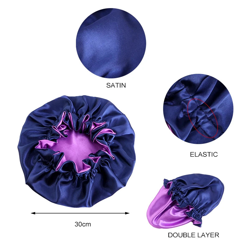 New Women Reversible Satin Bonnet Hair Caps Double Layer Adjust Sleeping Cap Extra Large Round Nightcap Head Wrap Shower Caps