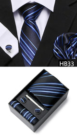 Gravatas For Men Newest design Silk Tie Handkerchief Cufflink Set Necktie Box Striped Blue Office