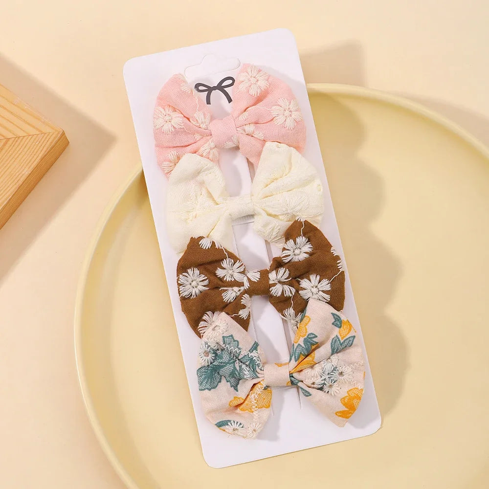 4Pcs/Set Lovely Cotton Bowknot Clips Safe Hairpins Girl Fresh Pastoral Hairclips Baby Hair Accessories Kids Print Hairgripe Gift