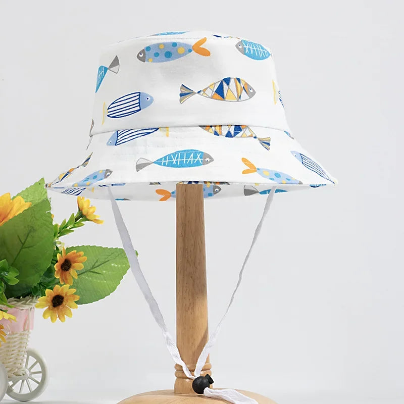 Cute Cartoon Printing Bucket Baby Hat Cotton Breathable Kids Fisherman Hat Infant Toddle Sun Hat with Drawstring for 1-5 Years