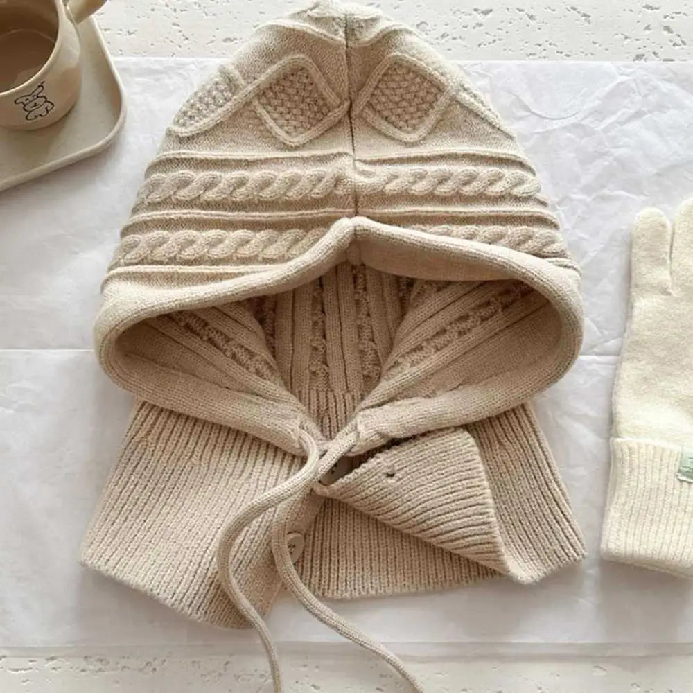 New Knitted Balaclava Hats For Women Hooded Caps Outdoor Winter Warmer Drawstring Hat One-Piece Neck Collar Cycling Beanies Caps