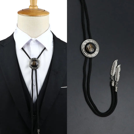 Vintage Bolo Tie Shirt Chain Cowboy Jazz Alloy Men Women Leather Rope Long Necklace Imitation Obsidian Sweater Chain Men Accesso