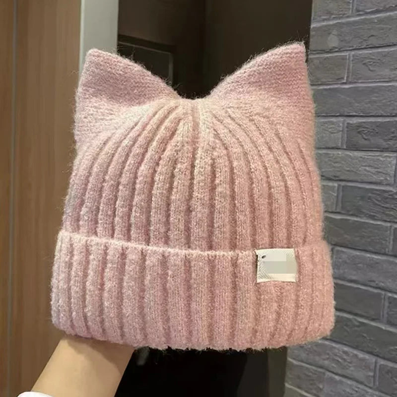 Cute Cat Ears Beanies For Women Autumn And Winter Warm Ear Protection Sweet Versatile Pullover Knitted Hats