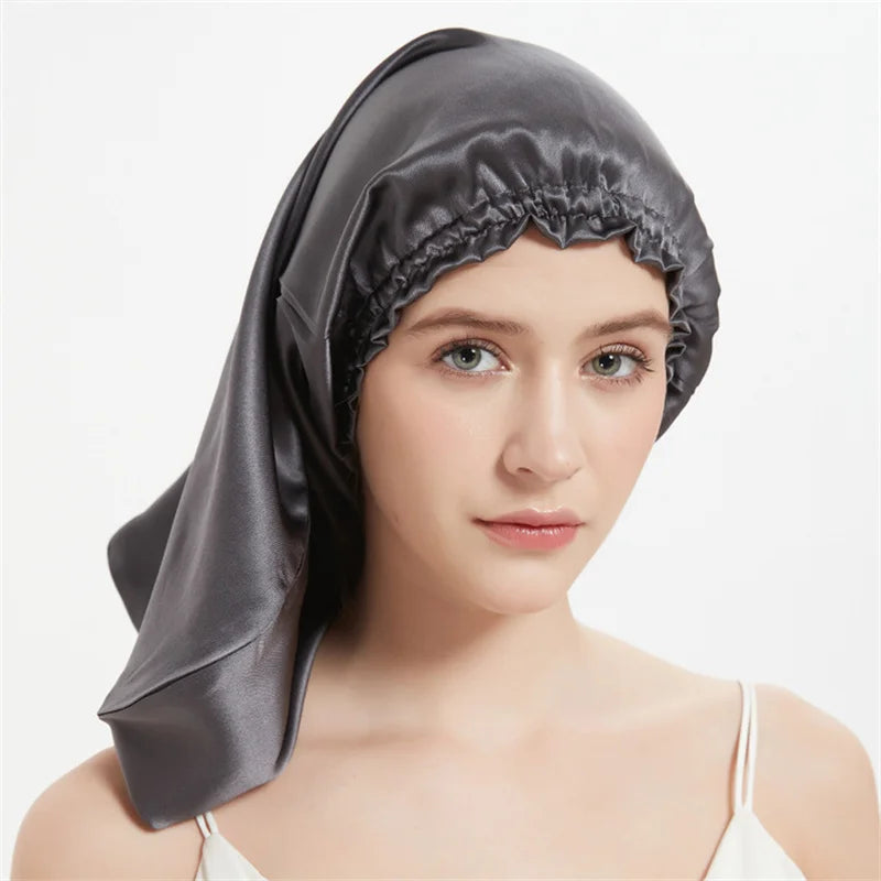 Luxury Comfortable Solid100% Real Silk Long Nightcap Hair Care Perm Beauty Sleeping Hat