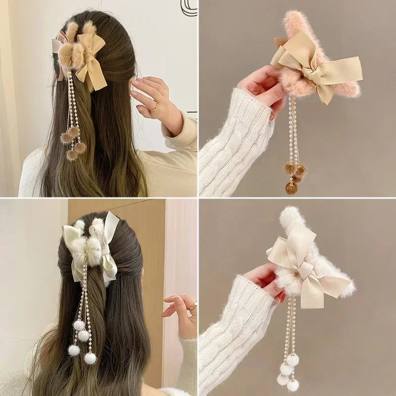New Fashion Bow Tassel Pendant Hair Clips Korea Ponytail Plush Shark Claw Girls Fall and Winter Gift Hair Accessories