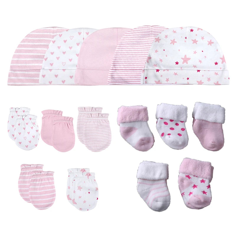 15Pieces New Born Gloves+Hats+Socks Sets Cartoon 100%Cotton Baby Boy Girl Headwear 0-12M Solid Color Infant Supplies Accessories