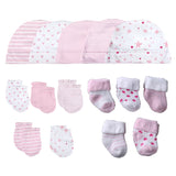 15Pieces New Born Gloves+Hats+Socks Sets Cartoon 100%Cotton Baby Boy Girl Headwear 0-12M Solid Color Infant Supplies Accessories