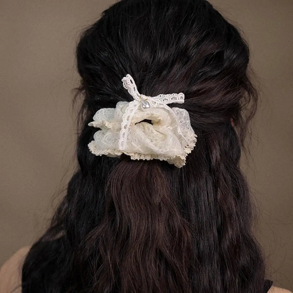 French Lace Pearl Rose Flower Elastics Hair Band For Women Cream White Scrunchies Hair Ties Ponytail Holder Hair Accessories