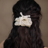 French Lace Pearl Rose Flower Elastics Hair Band For Women Cream White Scrunchies Hair Ties Ponytail Holder Hair Accessories