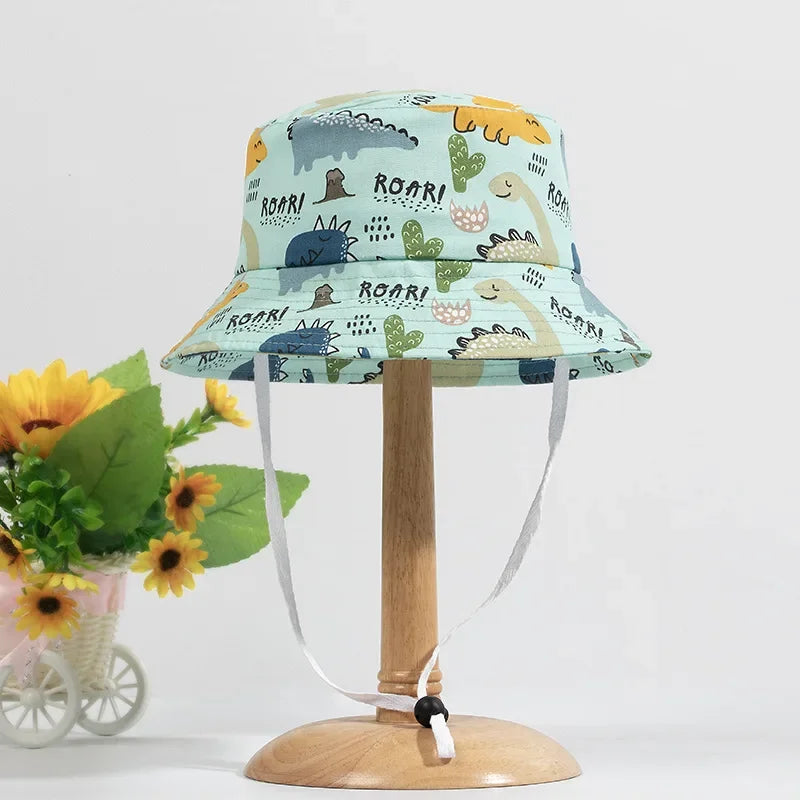 Cute Cartoon Printing Bucket Baby Hat Cotton Breathable Kids Fisherman Hat Infant Toddle Sun Hat with Drawstring for 1-5 Years