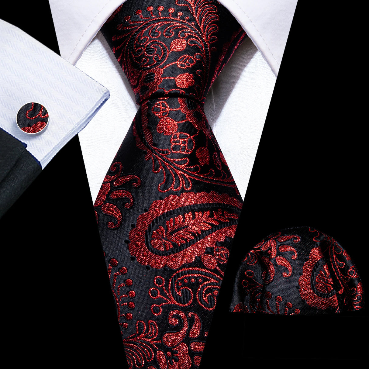 Red Silk Wedding Necktie Jacquard Woven Striped Ties For Men Tie Handkerchief Cufflink Set Barry.Wang Fashion Designer FA-5028