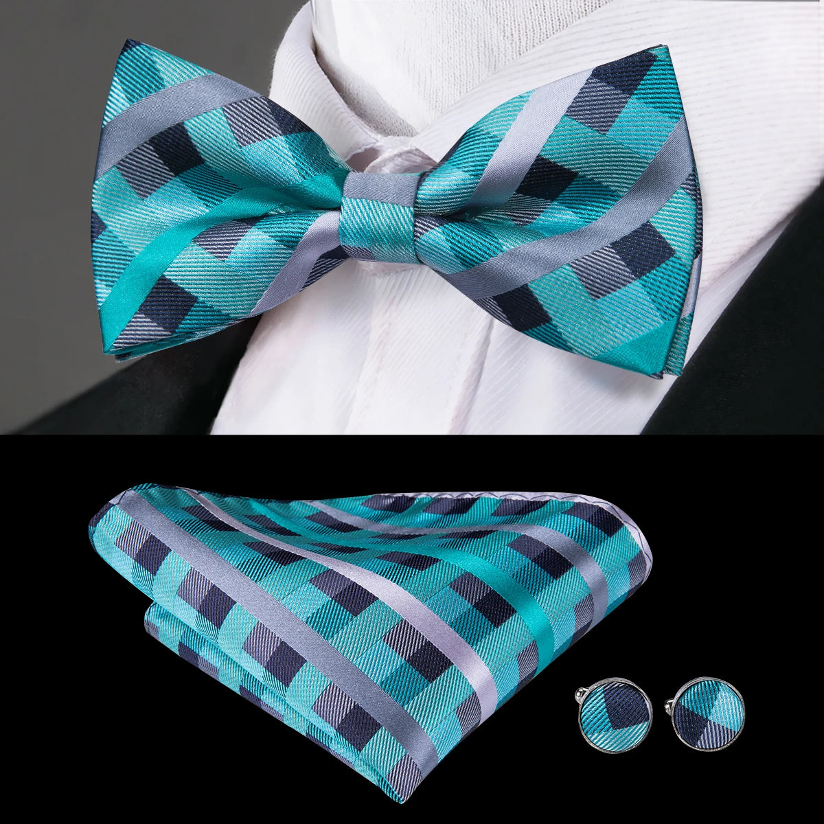 Hi-Tie Brand Silk Pre-tied Men's Bow Tie Hanky Cufflinks Set Bowtie for Male Jacquard Solid Paisley Floral Wedding Business Gift