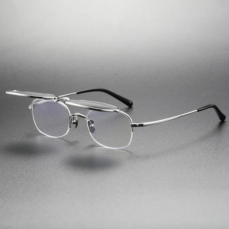 Vintage Titanium Square Glasses Frame with Flip Up Sunglasses Women Brand Designer Eyeglasses Men Trendy Semi Rimless Eyewear
