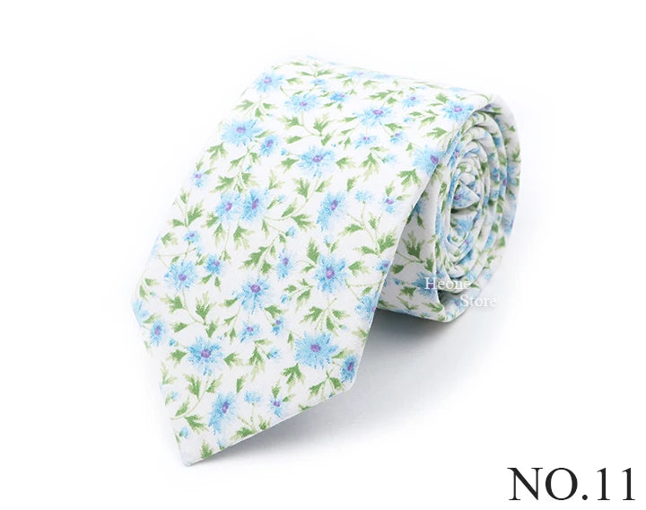 New Chic Floral Tie For Men Women 100% Cotton Beautiful Elegant Flower Necktie White Blue Narrow Skinny Wedding Casual Cravat