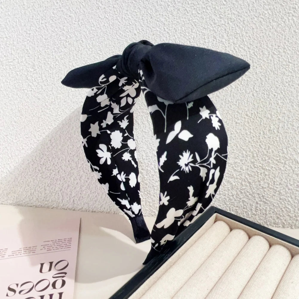 Elegant Floral Black White Hairbands for Women Girls Wide Edge Soft Hair Hoops Big Bowknot Cross Headband Hair Styling Tool Gift
