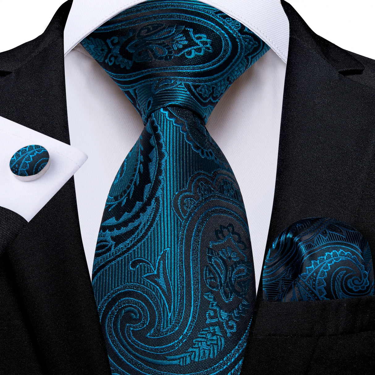 Elegant Blue Floral Paisley Men's 8cm Silk Tie Set with Pocket Square Cufflinks Business Suits Accessories Groom Wedding Cravat