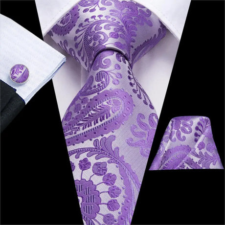 Hi-Tie Purple Solid Paisley Silk Wedding Tie for Men Novelty Design Handky cufflink Gift Men Tie Set Party Business Dropshipping